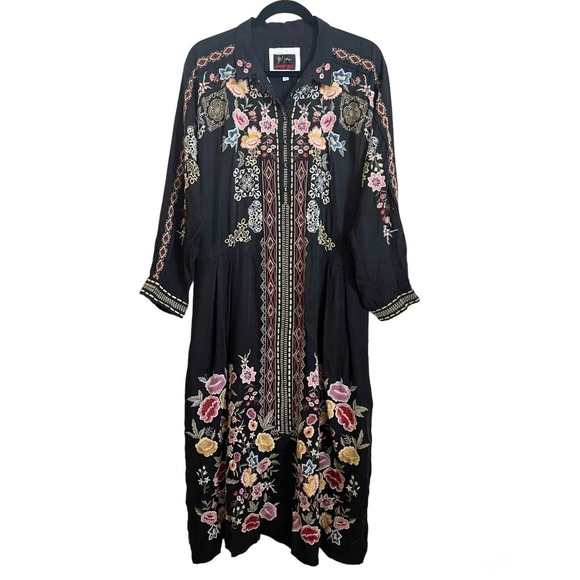 Johnny Was NWOT Sz 1X Fairlie Midi Dress Long Slv Embroidered Boho Black Belted - Picture 2 of 10